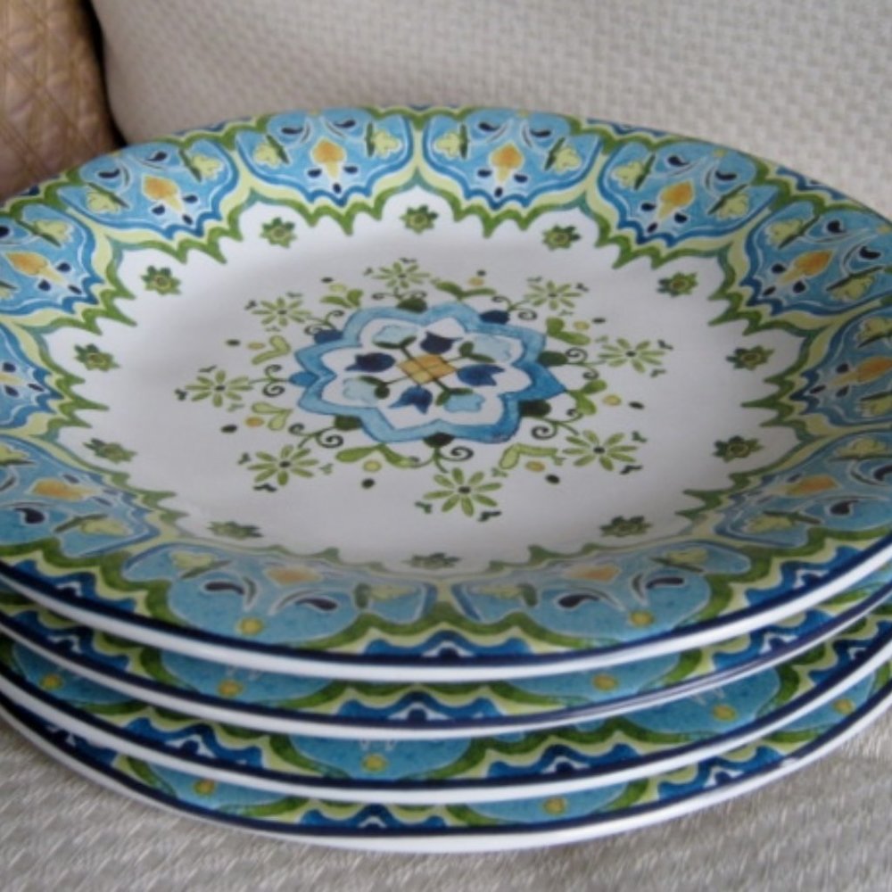 Pier 1 Celeste Pattern (4) Lunch Salad Plates 9” Blue Green Yellow, Set of 4
